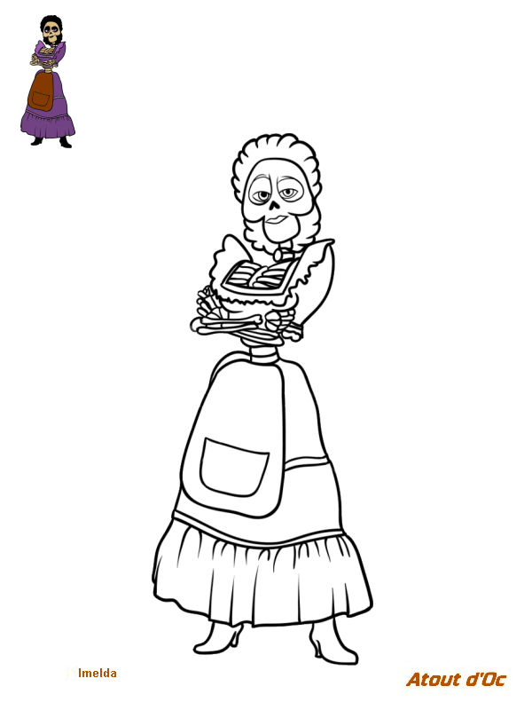 Coloriage Imelda Rivera Squelette Feminin Cheveux Noirs Avec Une Bande Blanche - Coco Disney à imprimer